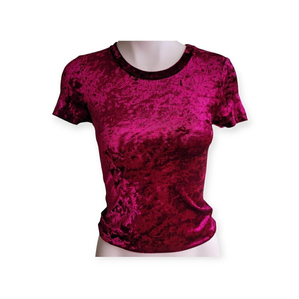 Free People Crushed Velvet Bordeaux Baby Tee XS 90s Throwback Festive Fitted Top - Picture 2 of 8